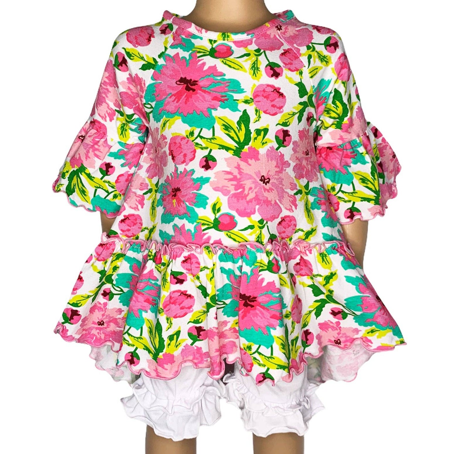 AnnLoren Girls Angel Sleeve Pink Green Floral Ruffle Shirt