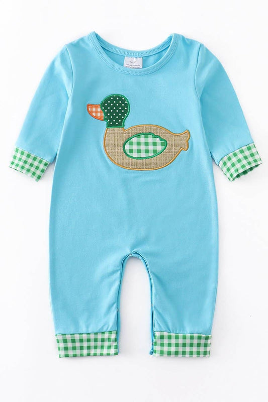 Blue plaid duck applique romper