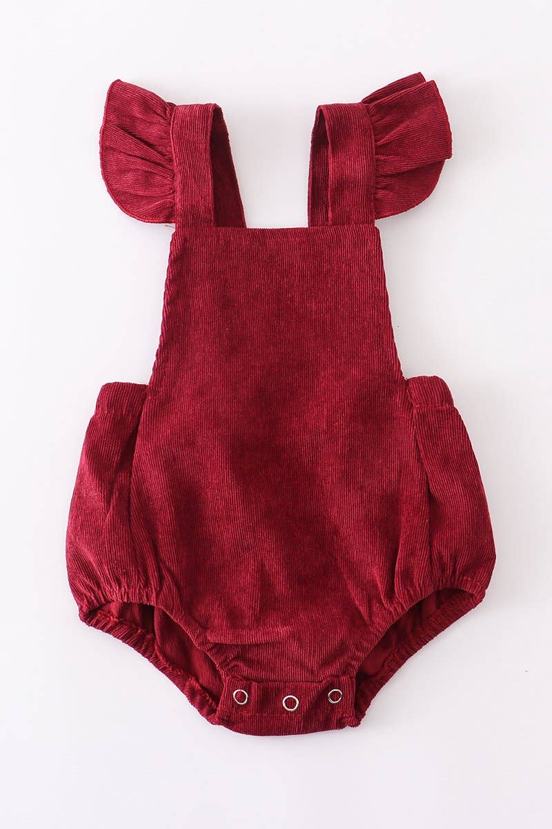 Maroon velour corduroy ruffle baby onesie