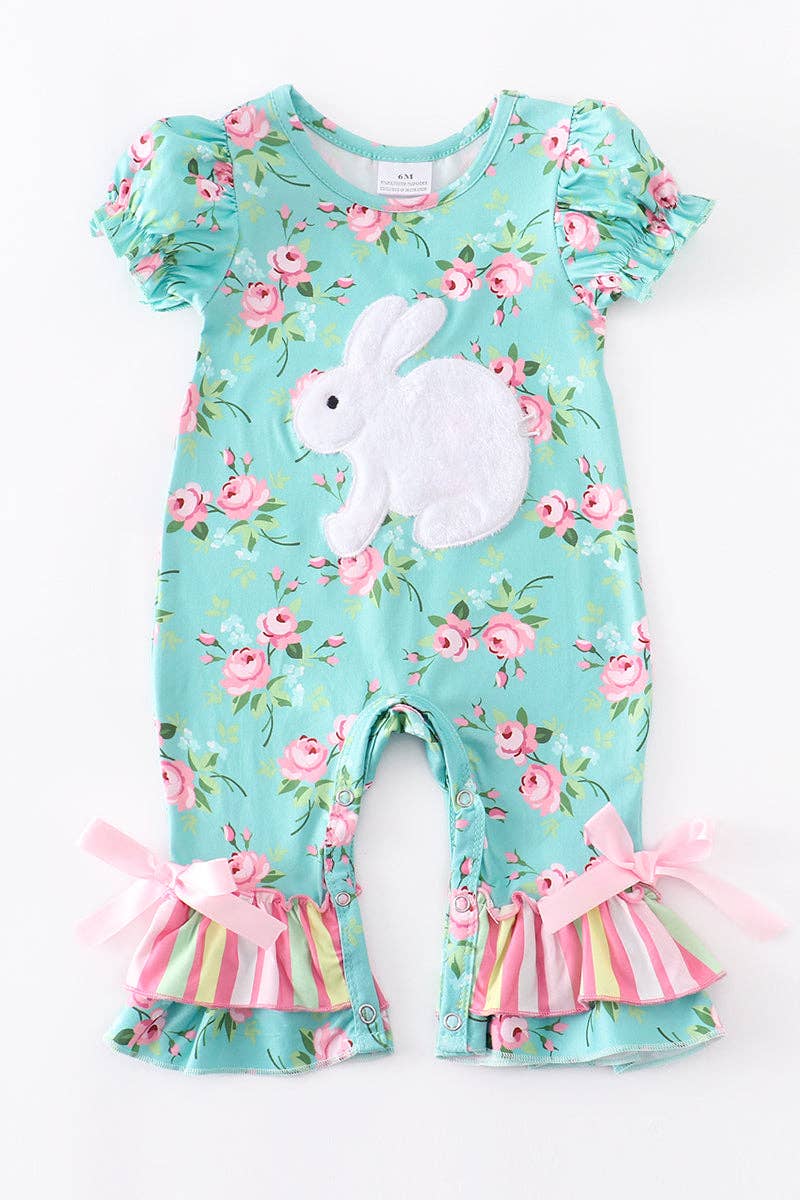 Blue floral rabbit ruffle babay romper