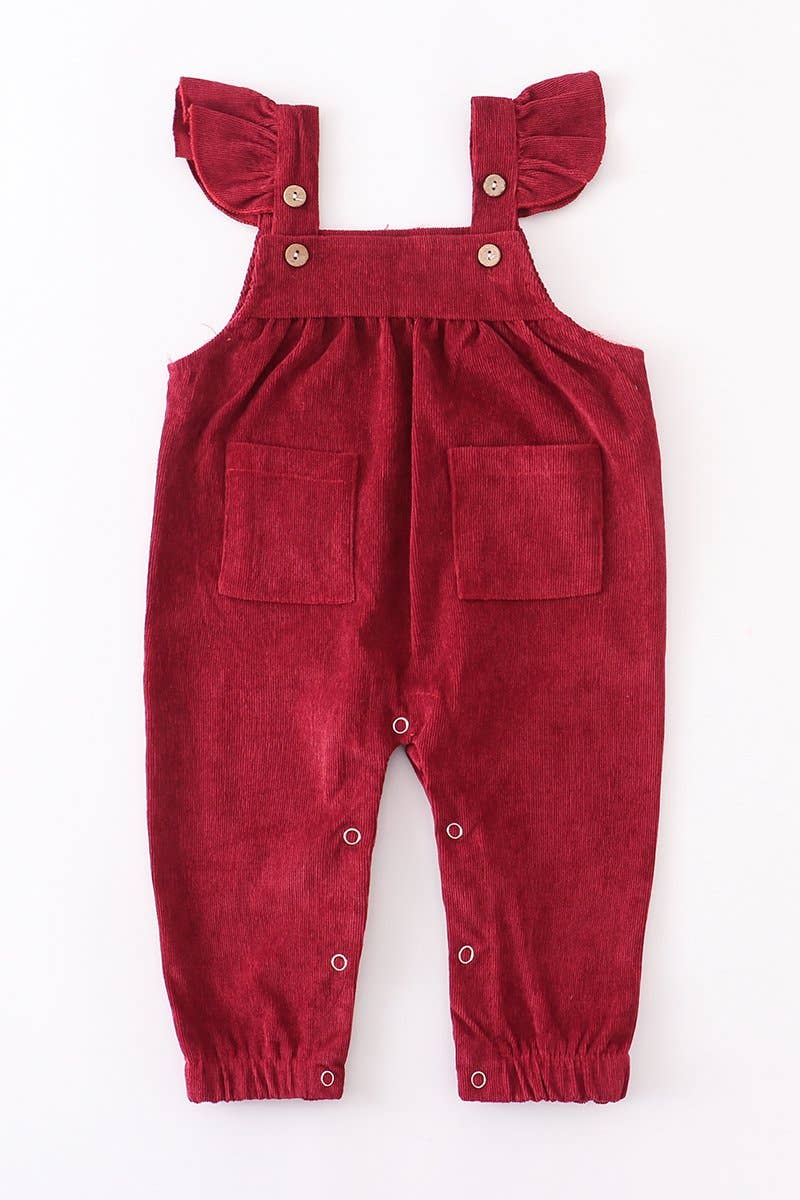 Maroon velour corduroy ruffle baby romper