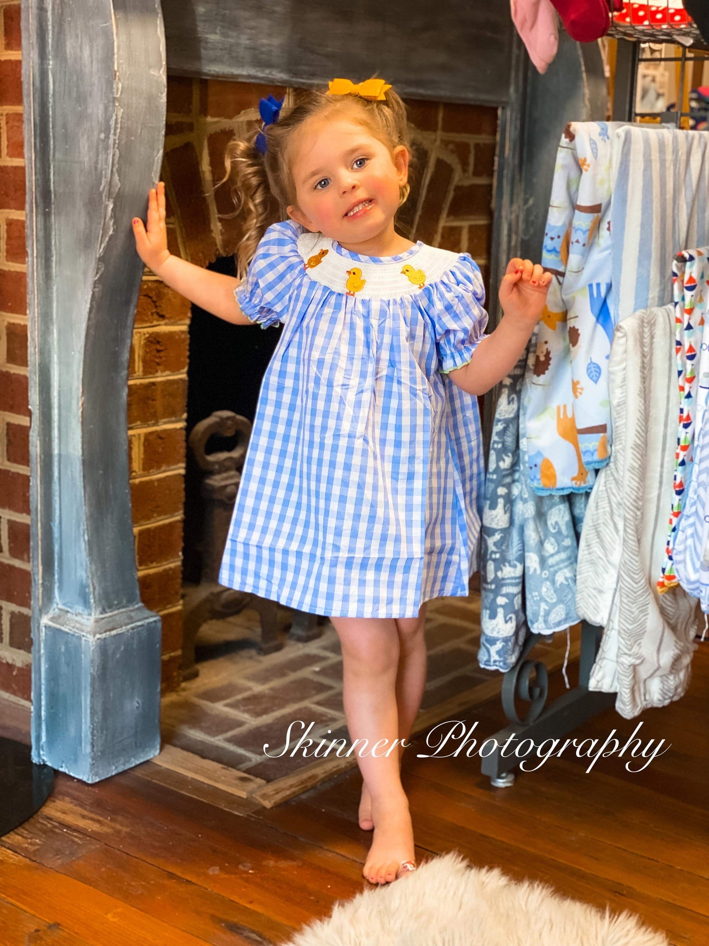 Blue gingham chicks smocked dress
