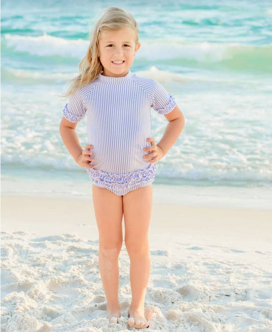 RUFFLE BUTTS Periwinkle Blue Seersucker Ruffled Rash Guard Bikini