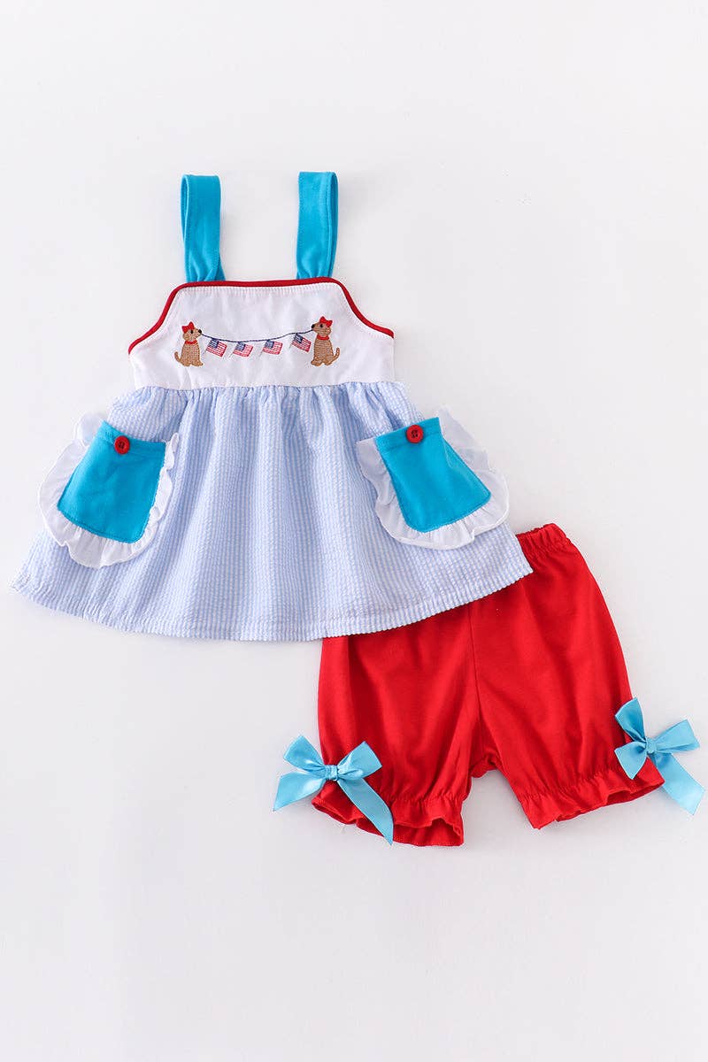 Blue stripe dog and flag embroidery girl set