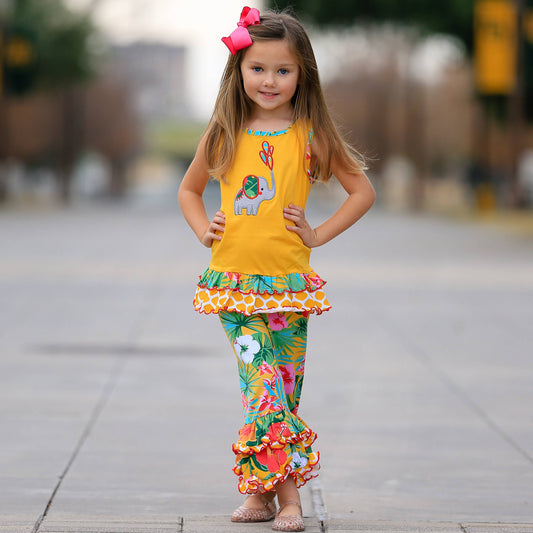 Girls Yellow Elephant Tunic Hibiscus Capri Ruffle Pants