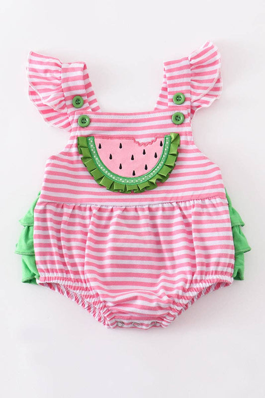 Pink Stripe watermelon ruffle baby romper