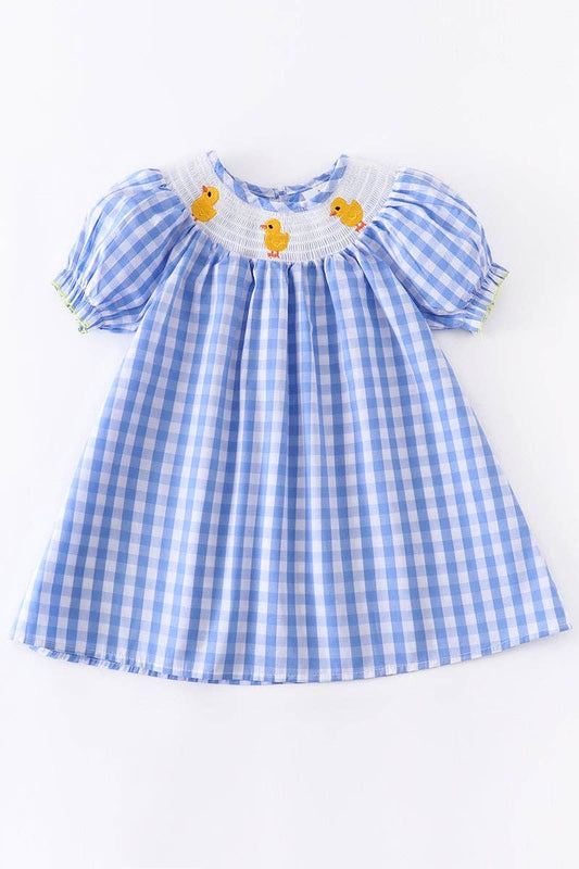 Blue gingham chicks smocked dress