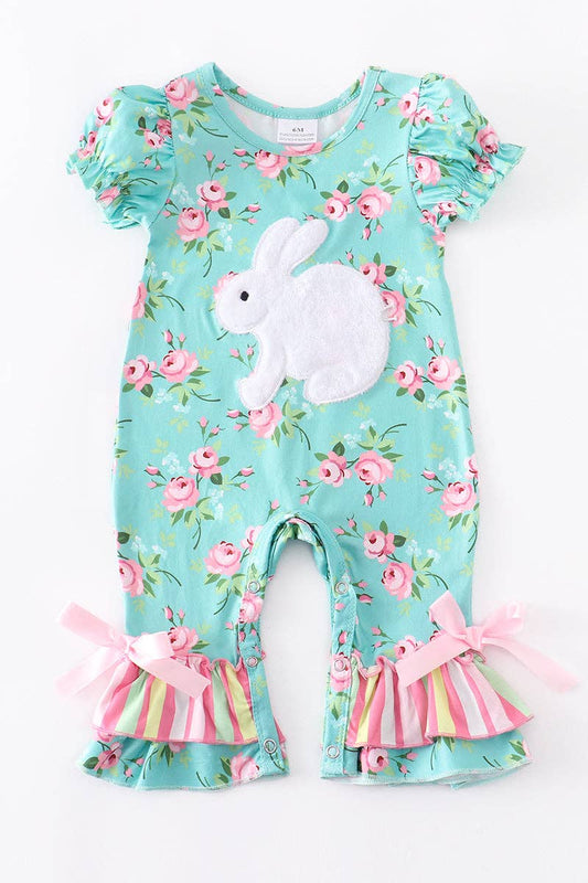 Blue floral rabbit ruffle babay romper