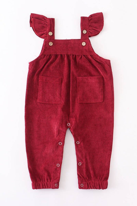 Maroon velour corduroy ruffle baby romper